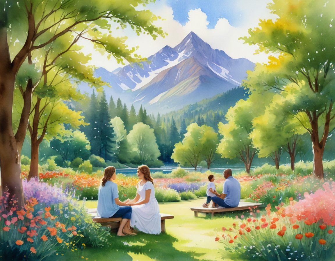 A serene community gathering in a sunlit park, featuring diverse individuals engaged in joyful conversation and shared activities, surrounded by lush greenery, blooming flowers, and a picturesque backdrop of mountains. The scene embodies warmth, connection, and spiritual growth, highlighting expressions of faith and friendship. soft focus. vibrant colors. watercolor style.