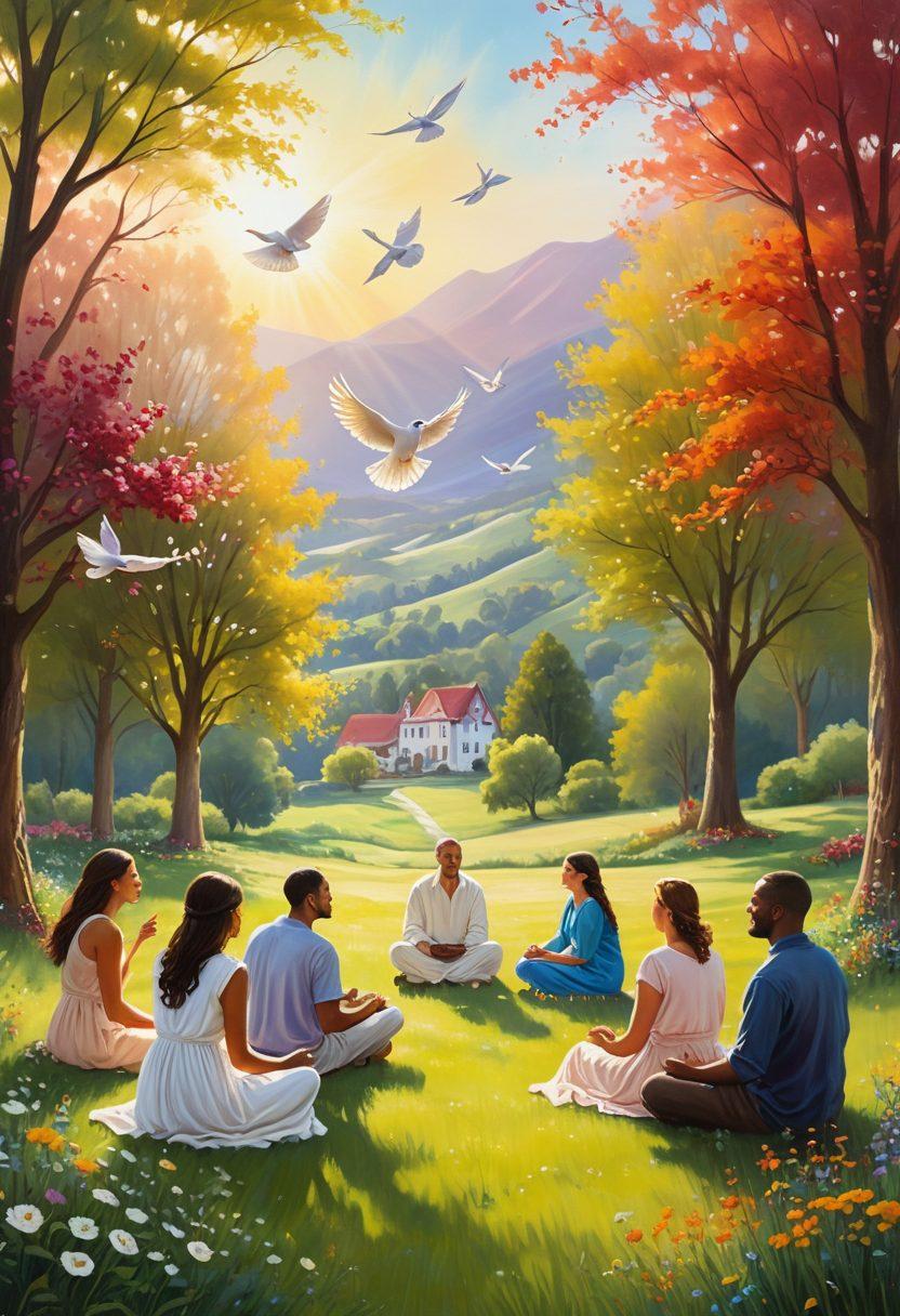 A serene gathering of diverse individuals in a lush outdoor setting, sharing stories and experiences, with subtle symbols of spirituality like doves and light rays illuminating the scene. The background features a peaceful landscape, symbolizing community and connection. Warm and inviting colors to evoke a sense of belonging and harmony. painting. vibrant colors. natural light.